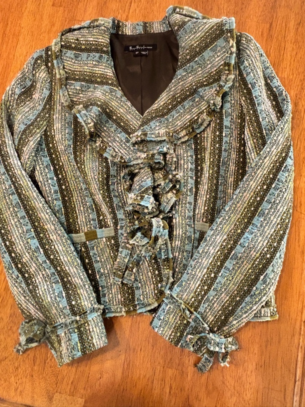 ECI Ruff Hewn Green Striped Ruffle Front Women's Jacket Size 4 Petite - Picture 3 of 6